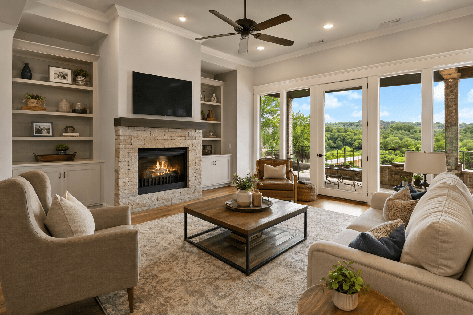 Comfortable living room with warm neutral finishes